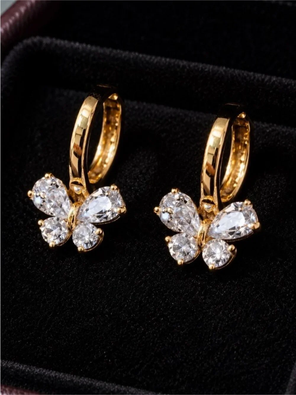 Gold Butterfly Hoop Earrings with Clear Crystals